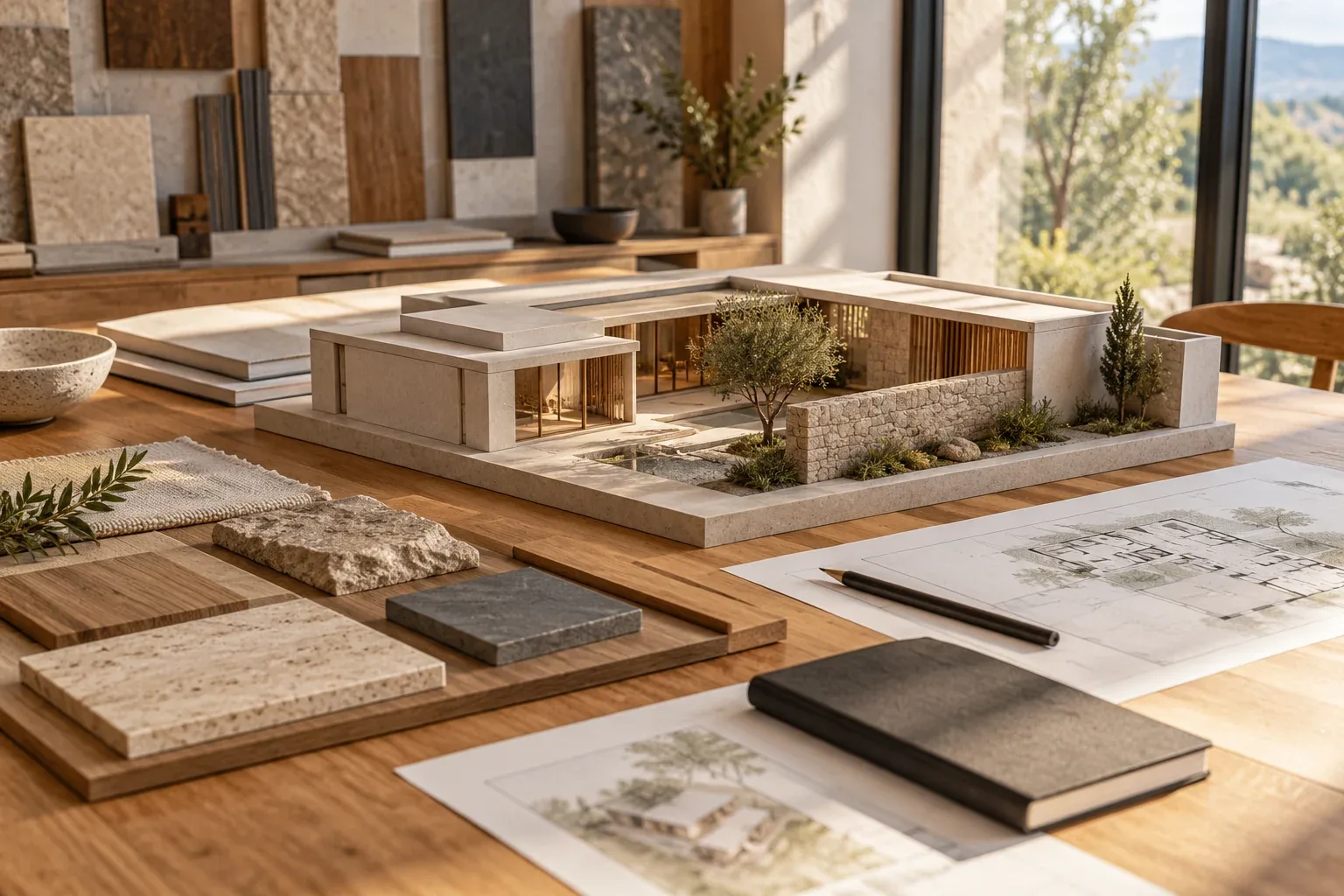 Maqueta arquitectónica y muestras de materiales para planificar una obra