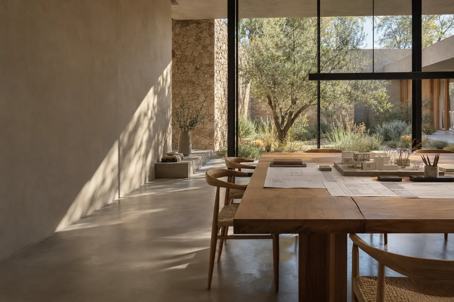 Interior conceptual de un estudio de arquitectura con materiales naturales y patio