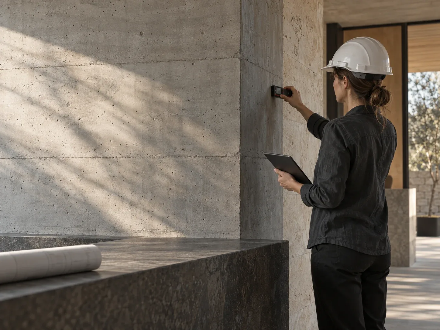 Imagen conceptual de una arquitecta realizando un relevamiento técnico