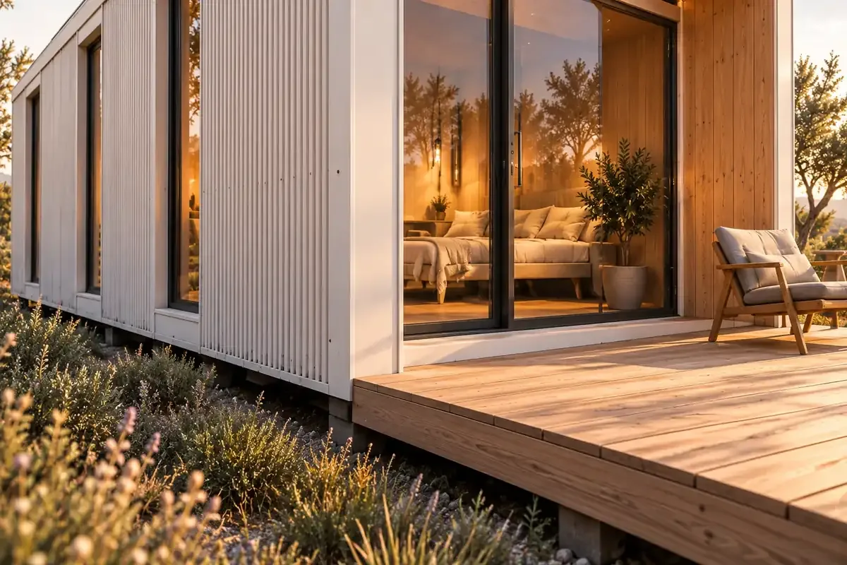 Deck de madera y ventanal de un módulo Niva